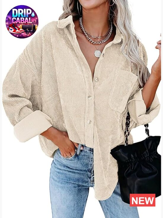 Tops - Oversized Long Sleeve Corduroy Button Down Shirt Jacket Blouse Fall Top